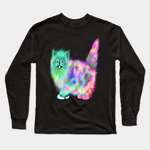 Colorful rainbow acid cat in space Long Sleeve T-Shirt by starchildsdesigns